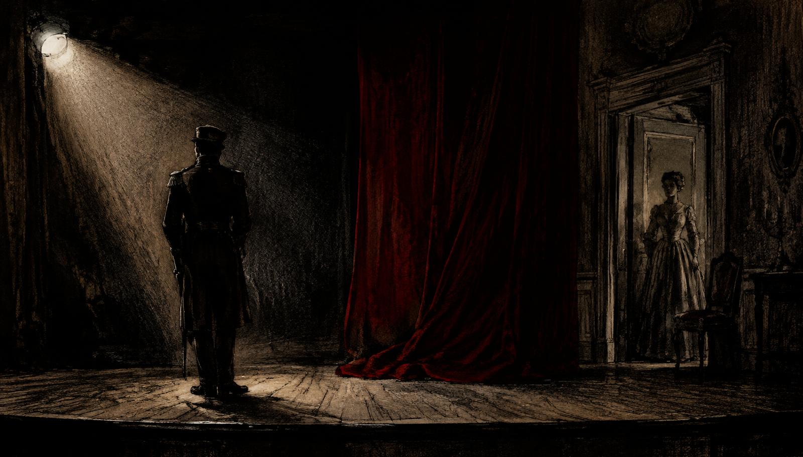 A lone soldier in a spotlight and a woman in a parlor doorway on a 19th-century stage